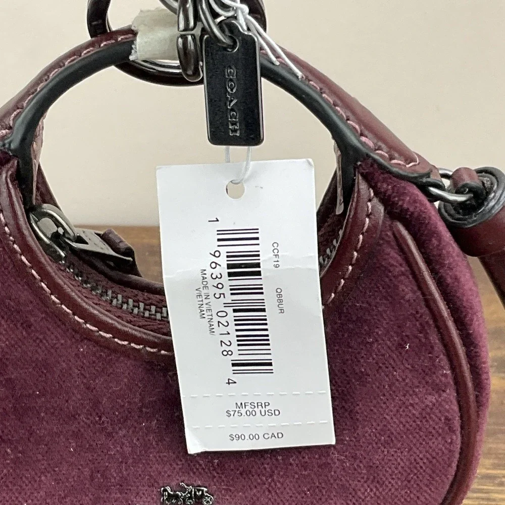 New Coach Mini Carmen Bag Charm Keychain Burgundy Velvet Leather Gunmetal CCF19